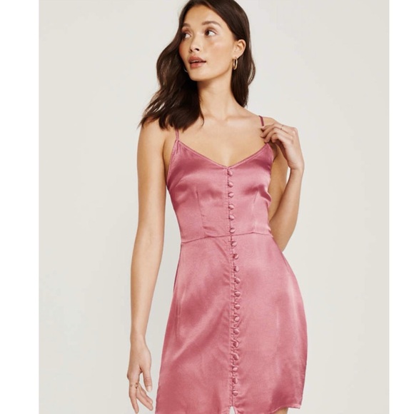 NWT Abercrombie & Fitch Button-Up Mini Satin Slip Dress in Pink - Picture 4 of 12